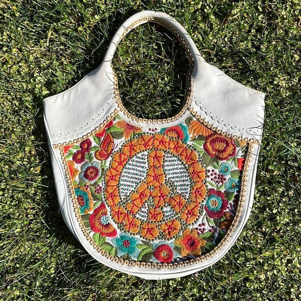 Isabelle Fiore Embroidered Peace Sign Leather Hobo Bag